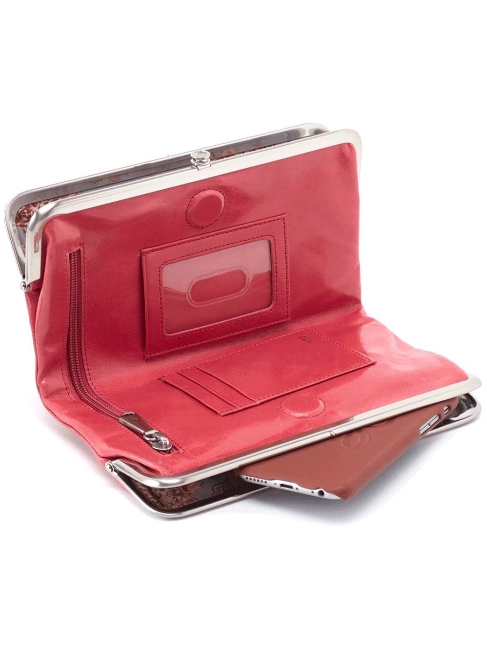 HOBO ~ Long Rust Color Leather Wallet w/Snap & Magnetic Closures Floral Interior